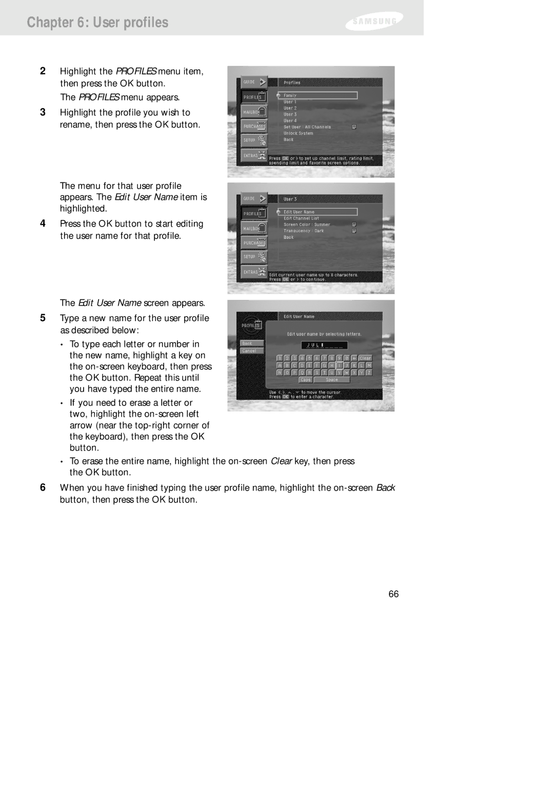 Samsung SIR-TS160 owner manual User profiles 