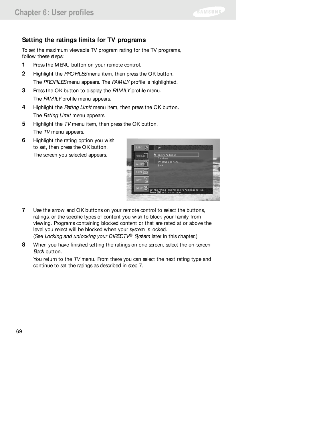 Samsung SIR-TS160 owner manual Setting the ratings limits for TV programs 