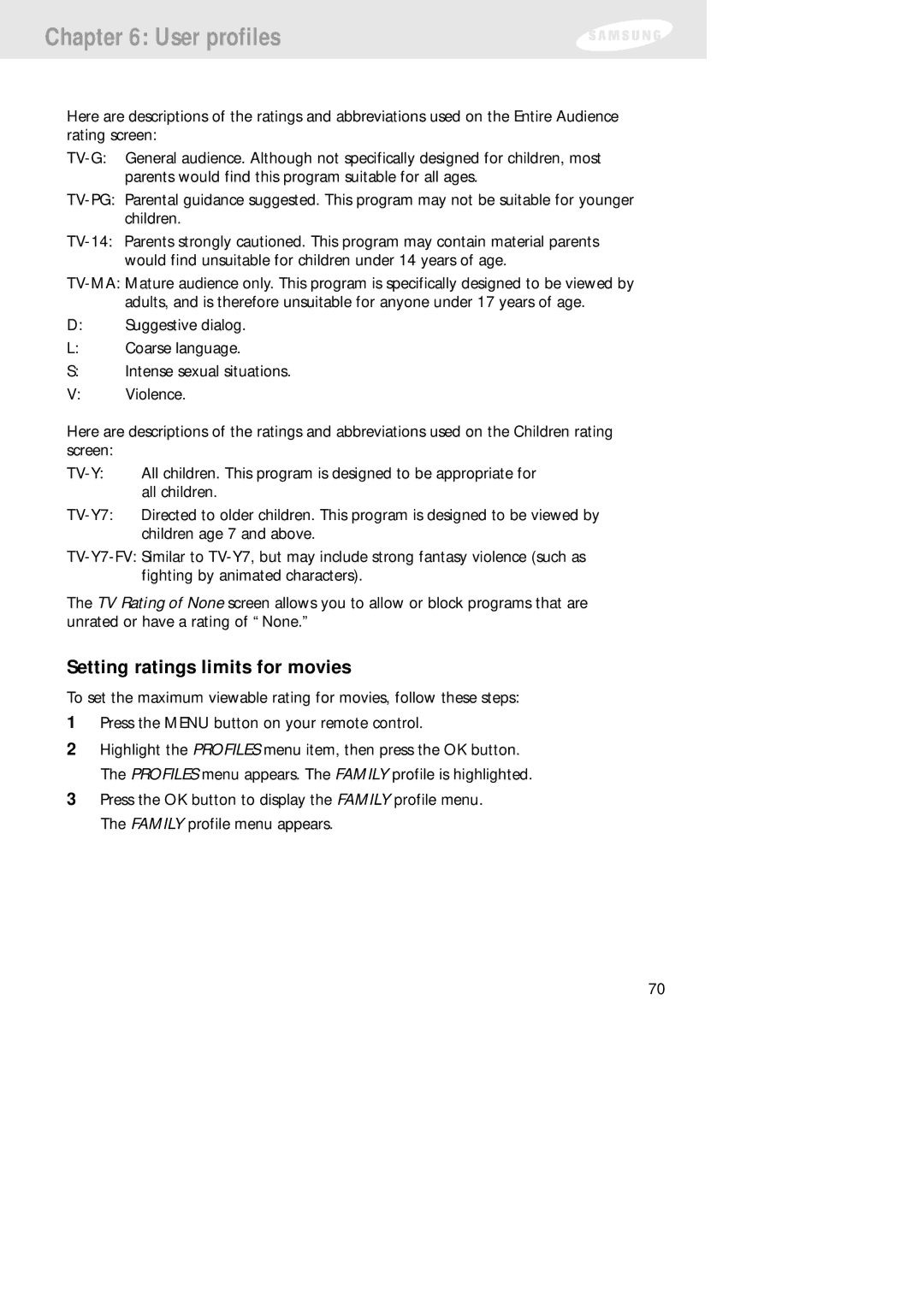 Samsung SIR-TS160 owner manual Setting ratings limits for movies 