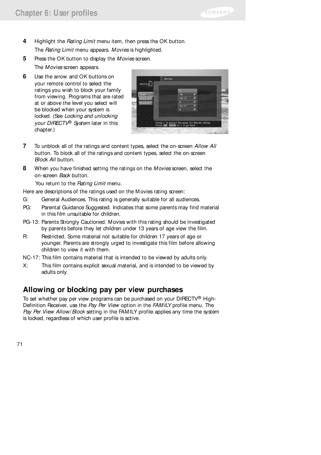 Samsung SIR-TS160 owner manual Allowing or blocking pay per view purchases 