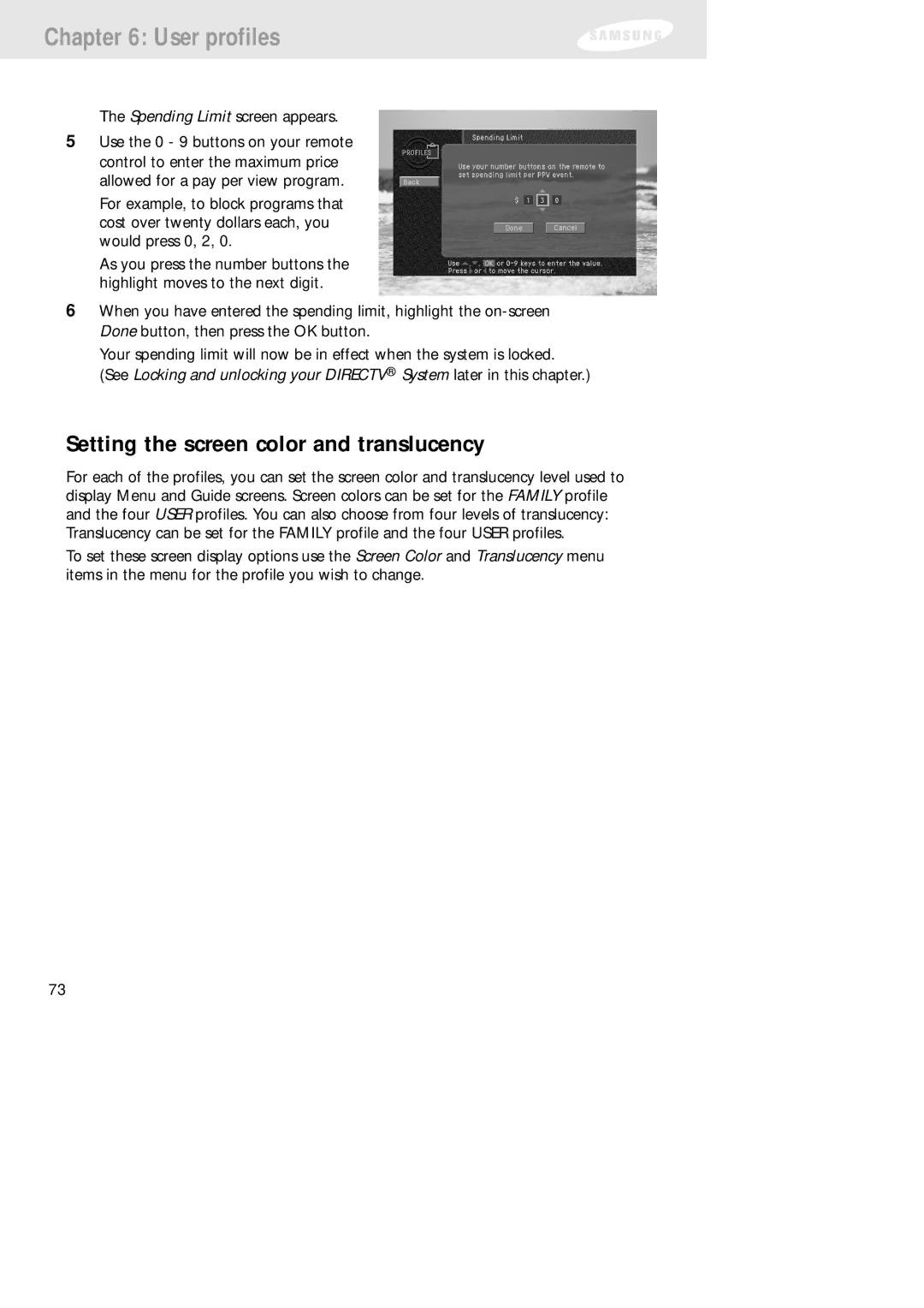 Samsung SIR-TS160 owner manual Setting the screen color and translucency 