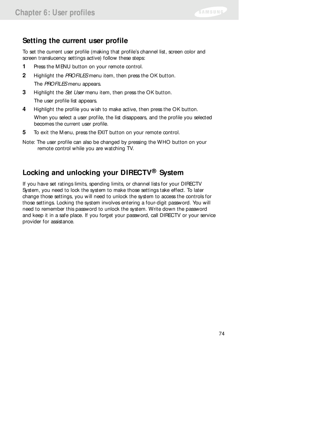 Samsung SIR-TS160 owner manual Setting the current user profile, Locking and unlocking your Directv System 