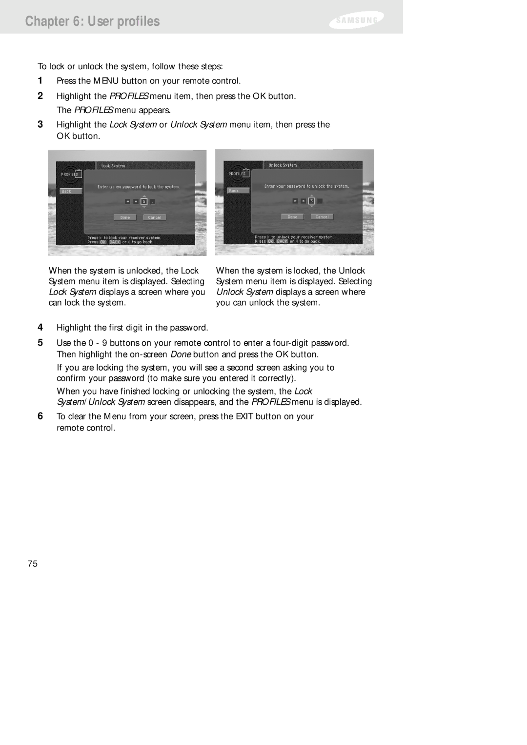 Samsung SIR-TS160 owner manual User profiles 