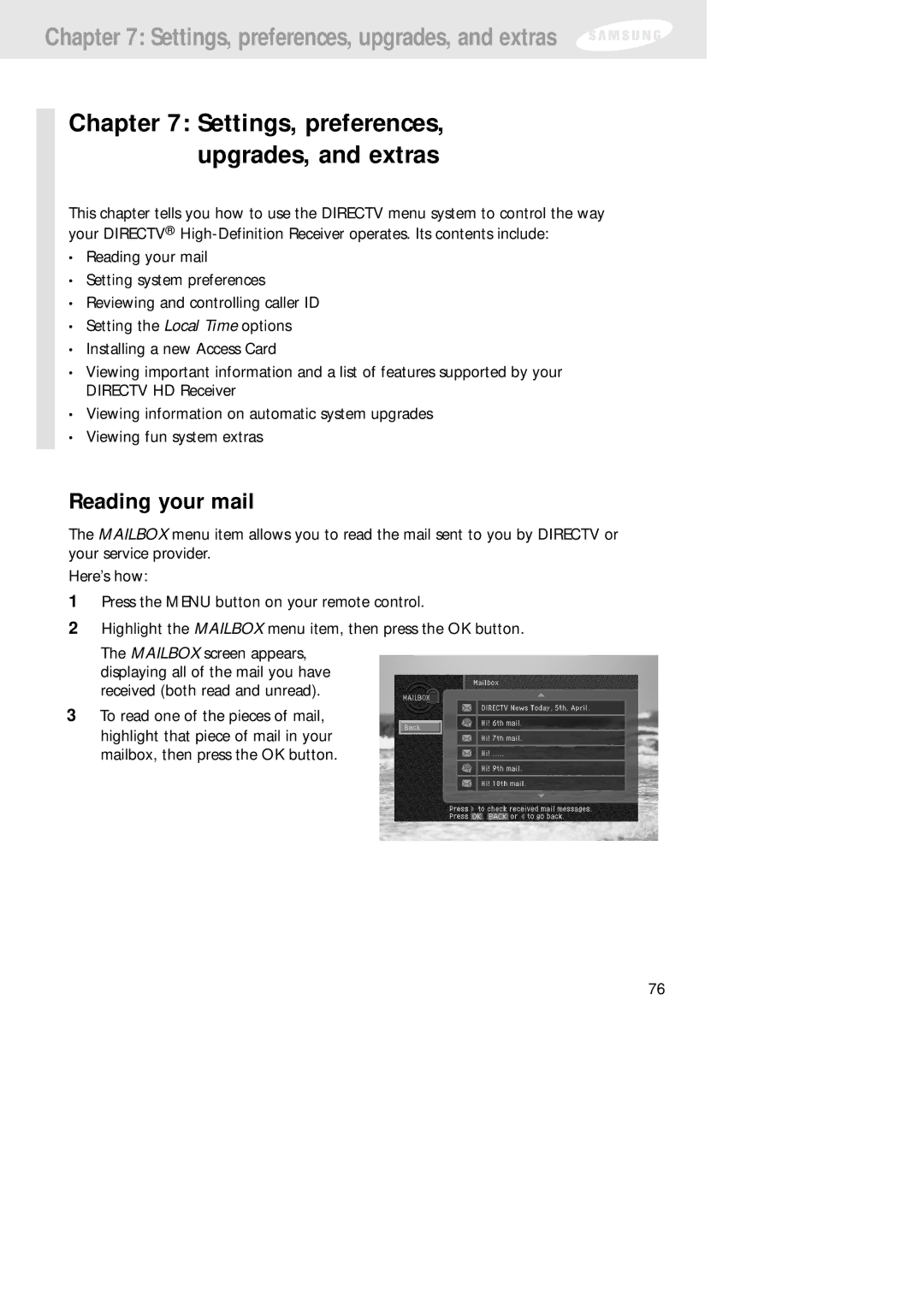 Samsung SIR-TS160 owner manual Settings, preferences, upgrades, and extras, Reading your mail 