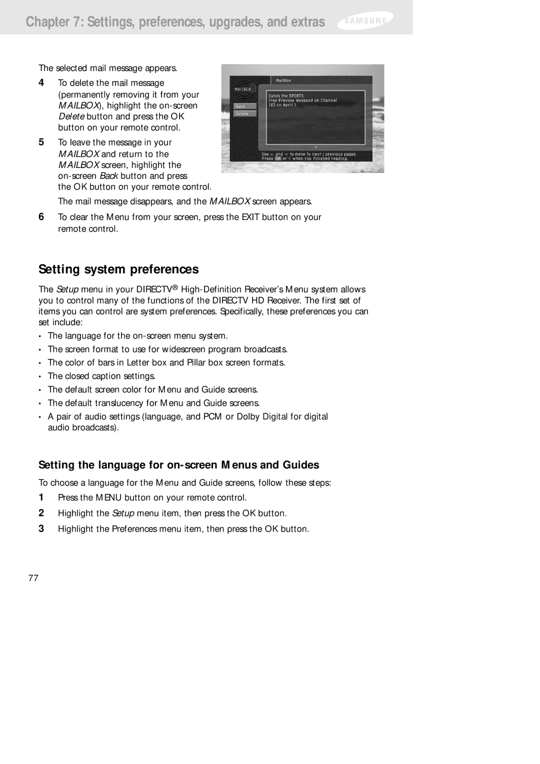 Samsung SIR-TS160 owner manual Setting system preferences, Setting the language for on-screen Menus and Guides 