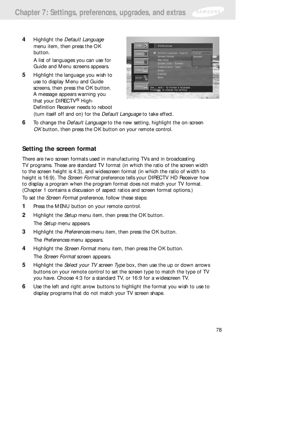 Samsung SIR-TS160 owner manual Setting the screen format 