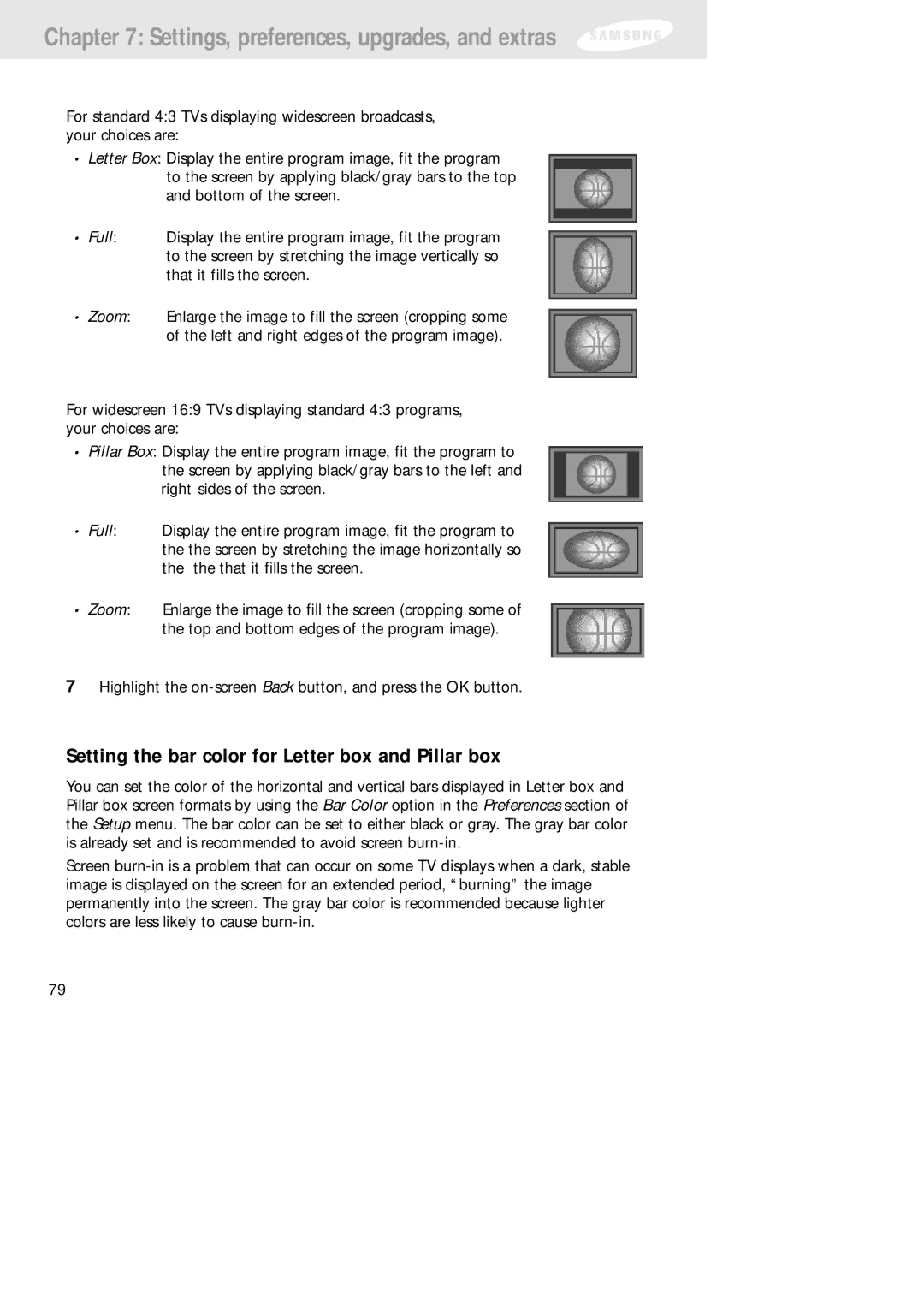 Samsung SIR-TS160 owner manual Setting the bar color for Letter box and Pillar box 