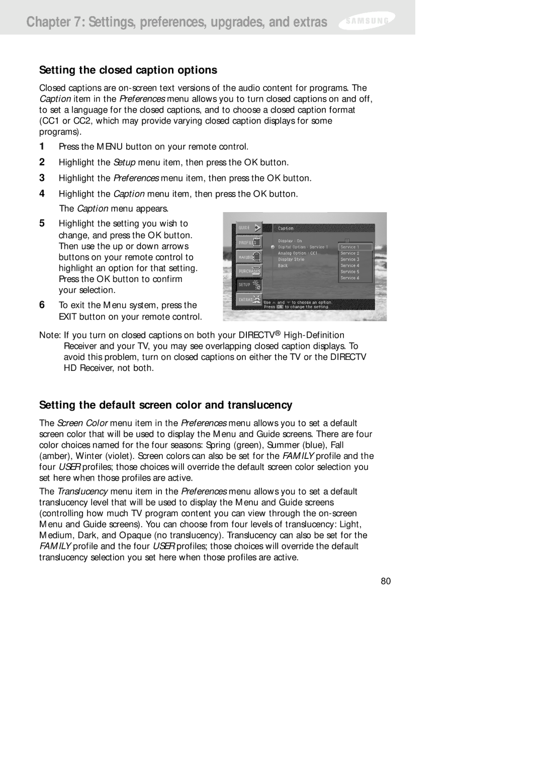 Samsung SIR-TS160 owner manual Setting the closed caption options, Setting the default screen color and translucency 