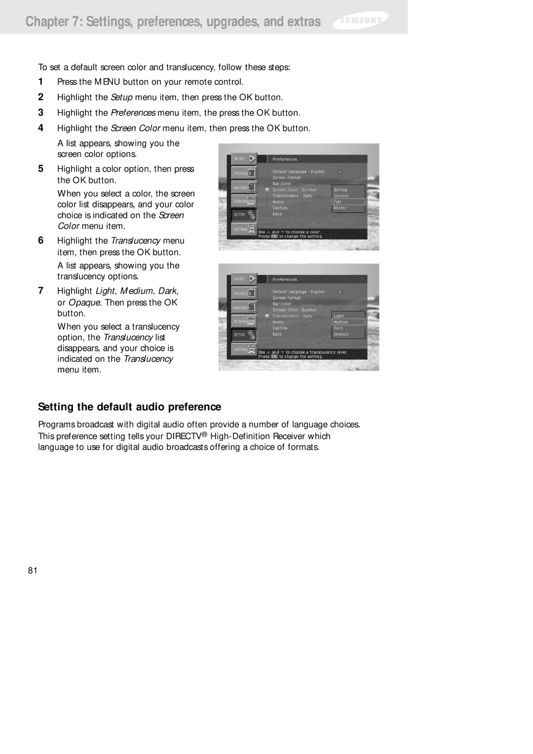 Samsung SIR-TS160 owner manual Setting the default audio preference 