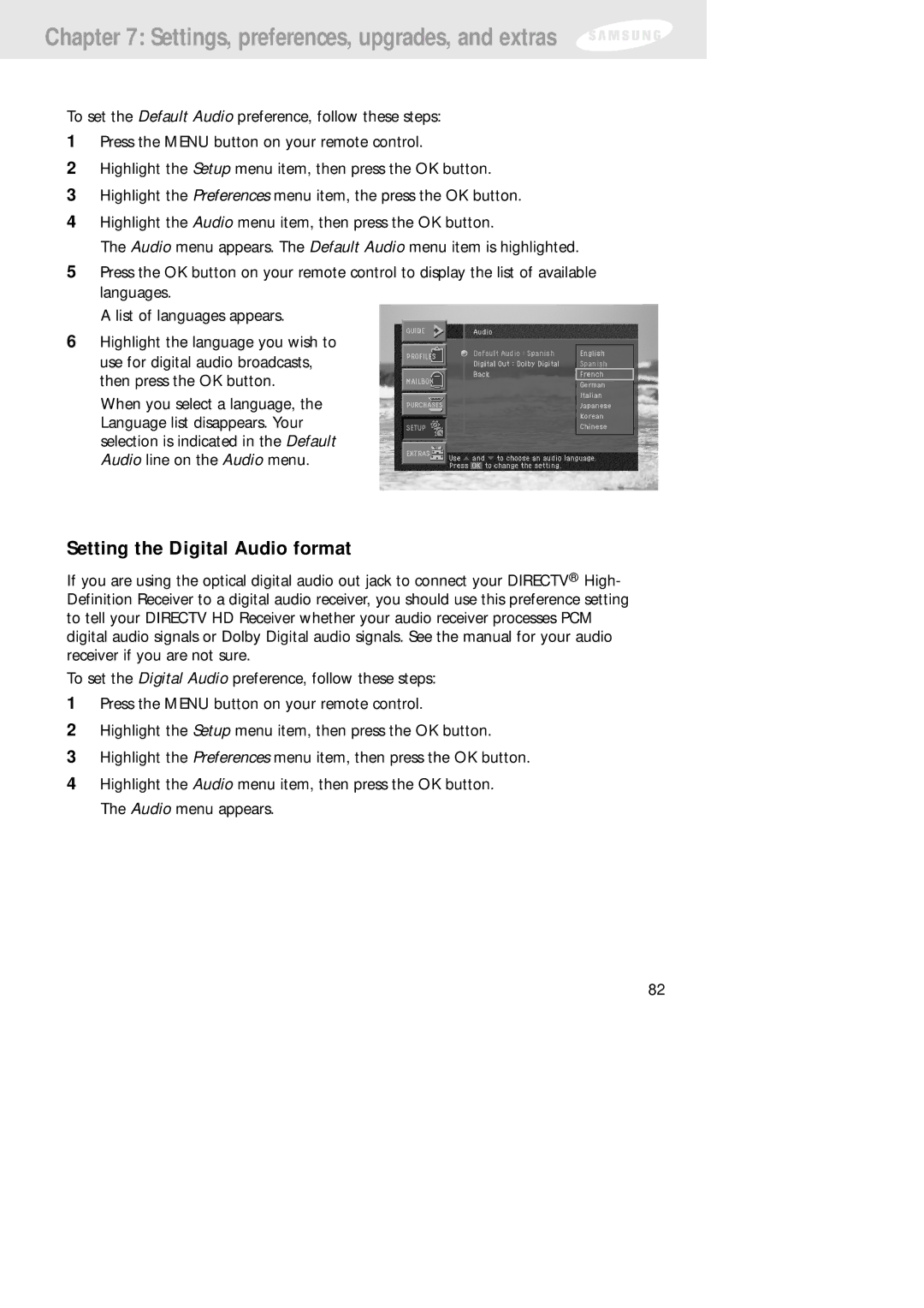 Samsung SIR-TS160 owner manual Setting the Digital Audio format 