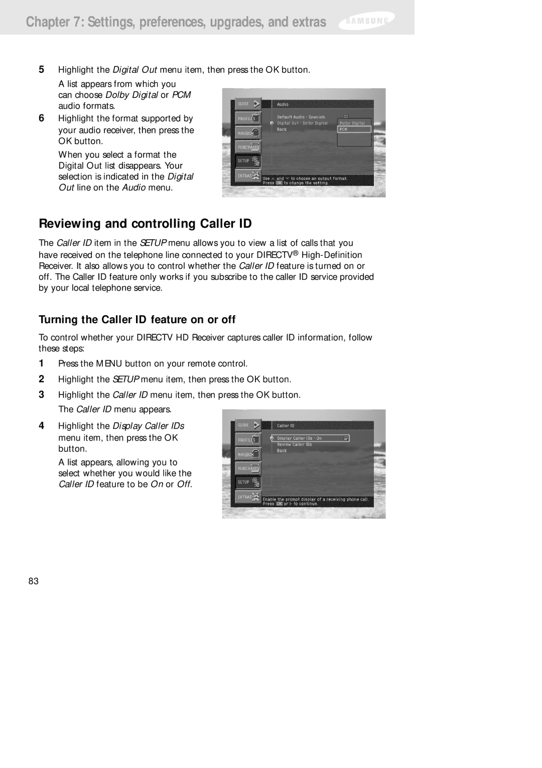 Samsung SIR-TS160 owner manual Reviewing and controlling Caller ID, Turning the Caller ID feature on or off 