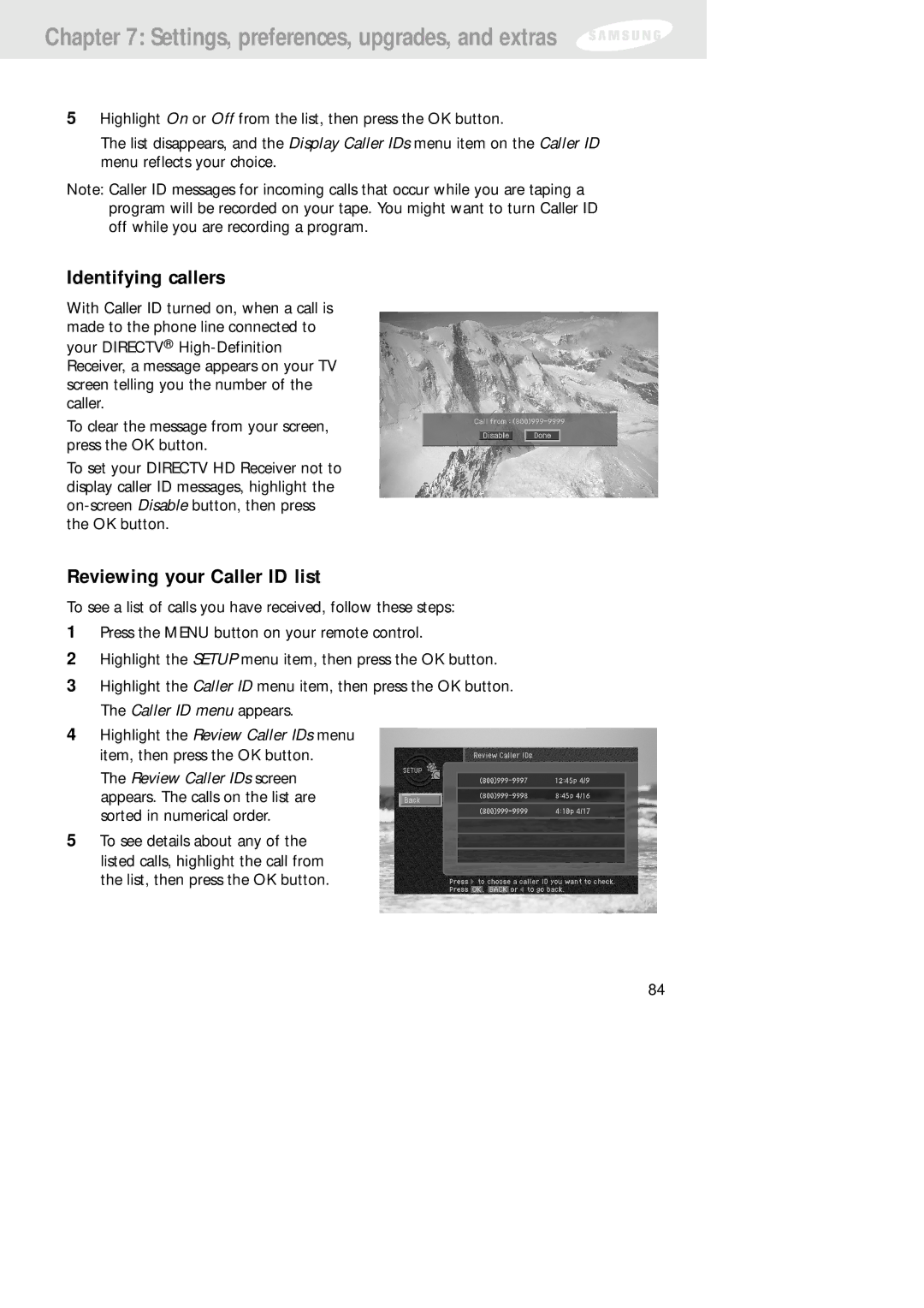 Samsung SIR-TS160 owner manual Identifying callers, Reviewing your Caller ID list 