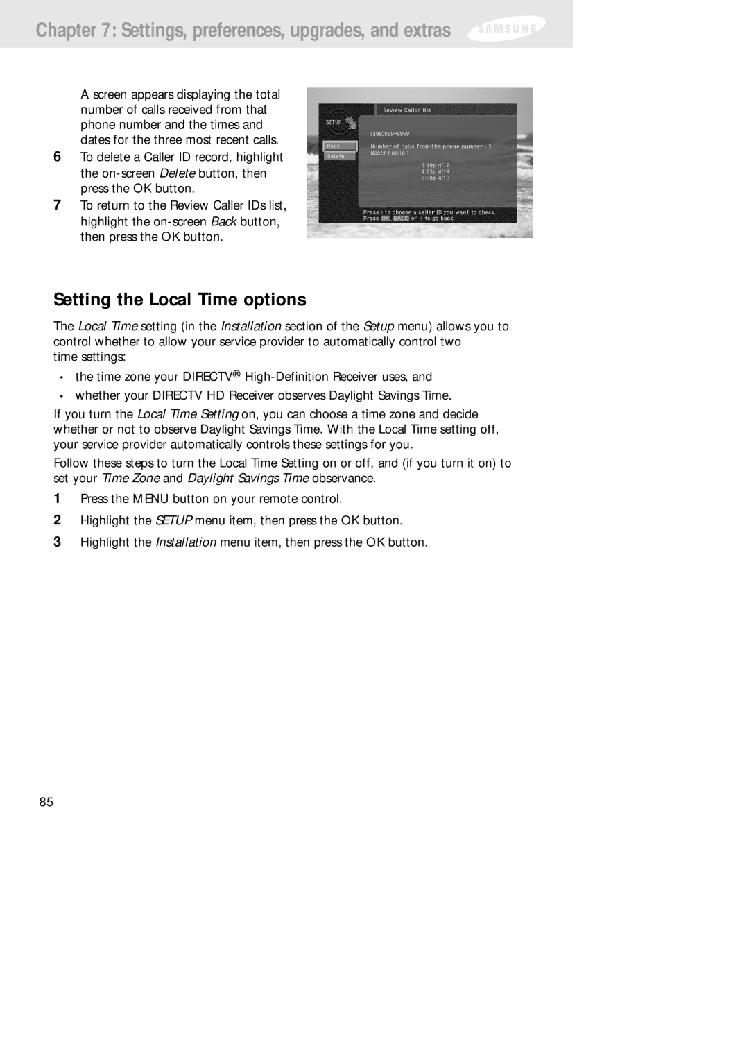 Samsung SIR-TS160 owner manual Setting the Local Time options 