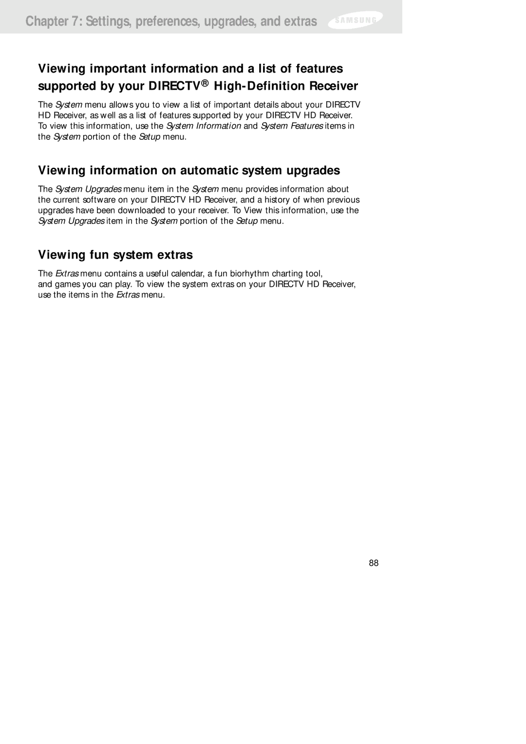 Samsung SIR-TS160 owner manual Viewing information on automatic system upgrades, Viewing fun system extras 