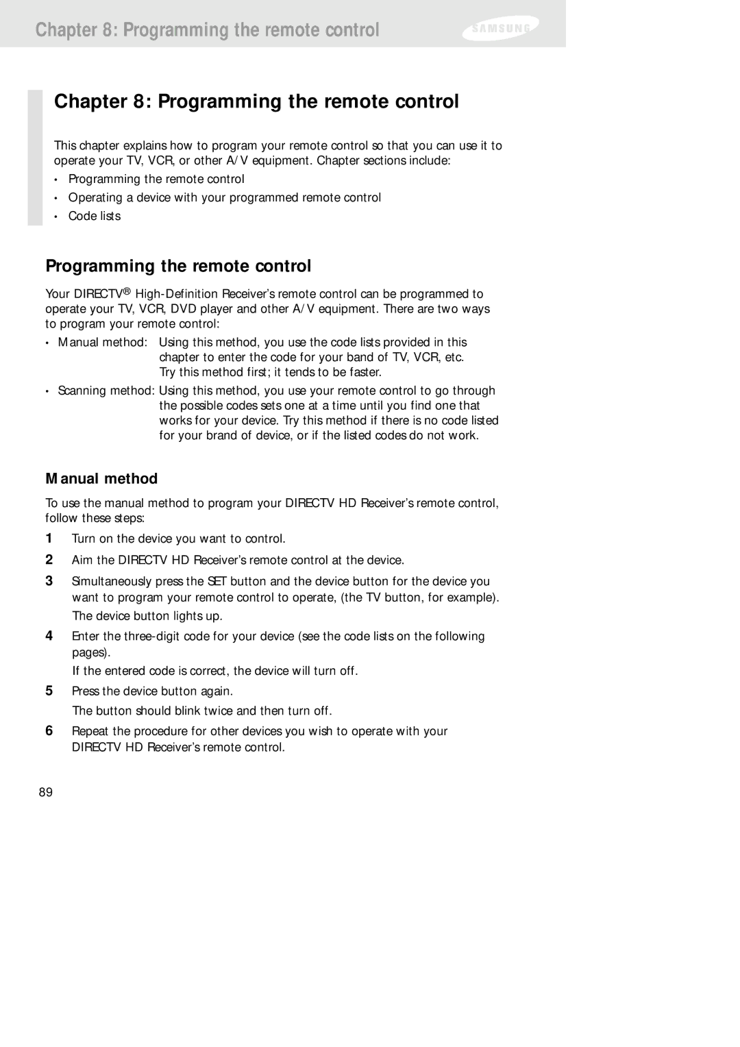 Samsung SIR-TS160 owner manual Programming the remote control, Manual method 