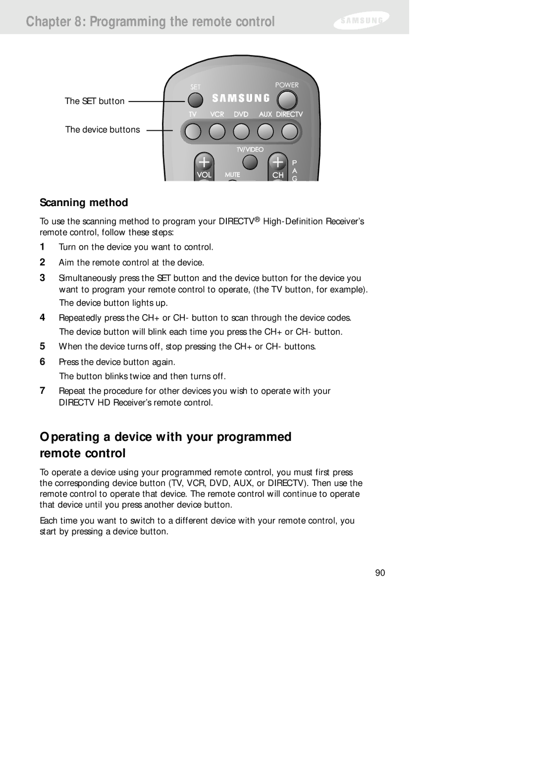 Samsung SIR-TS160 owner manual Operating a device with your programmed remote control, Scanning method 