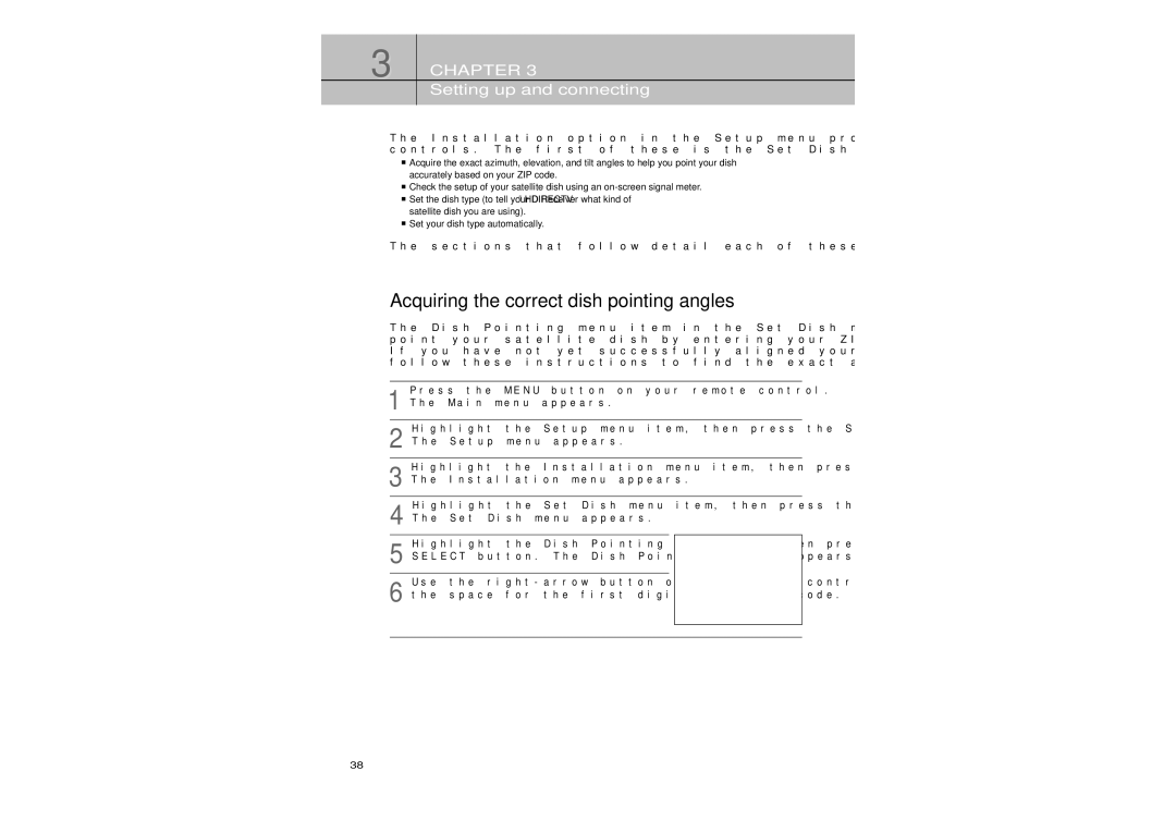 Samsung SIR-TS360 Acquiring the correct dish pointing angles, Sections that follow detail each of these procedures 