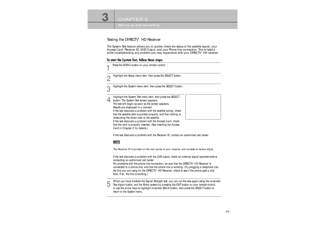Samsung SIR-TS360 owner manual Testing the Directv HD Receiver, To start the System Test, follow these steps 