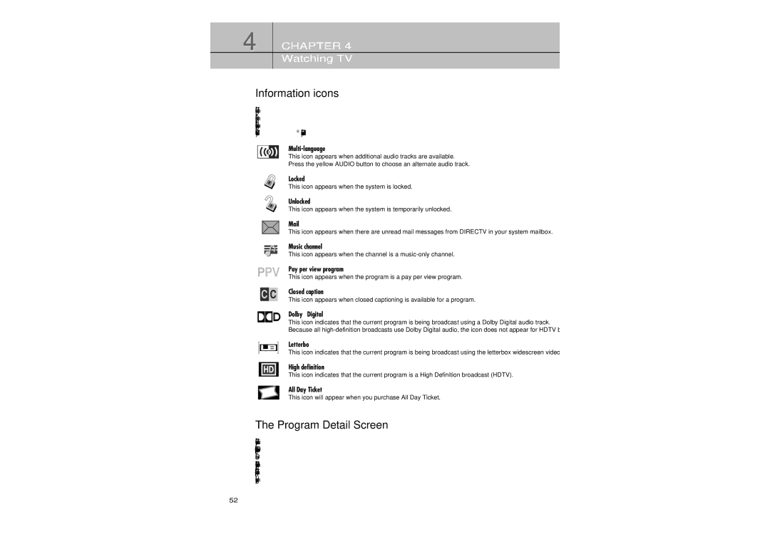 Samsung SIR-TS360 owner manual Information icons, Program Detail Screen 