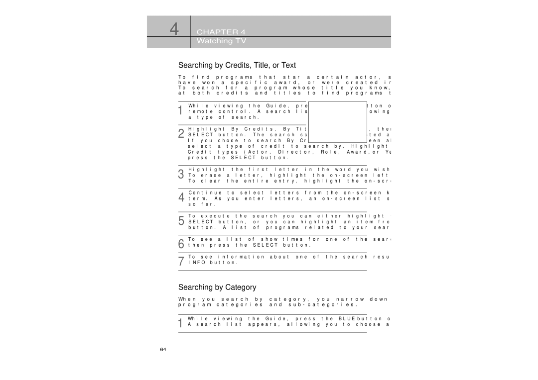 Samsung SIR-TS360 owner manual Searching by Credits, Title, or Text, Searching by Category 