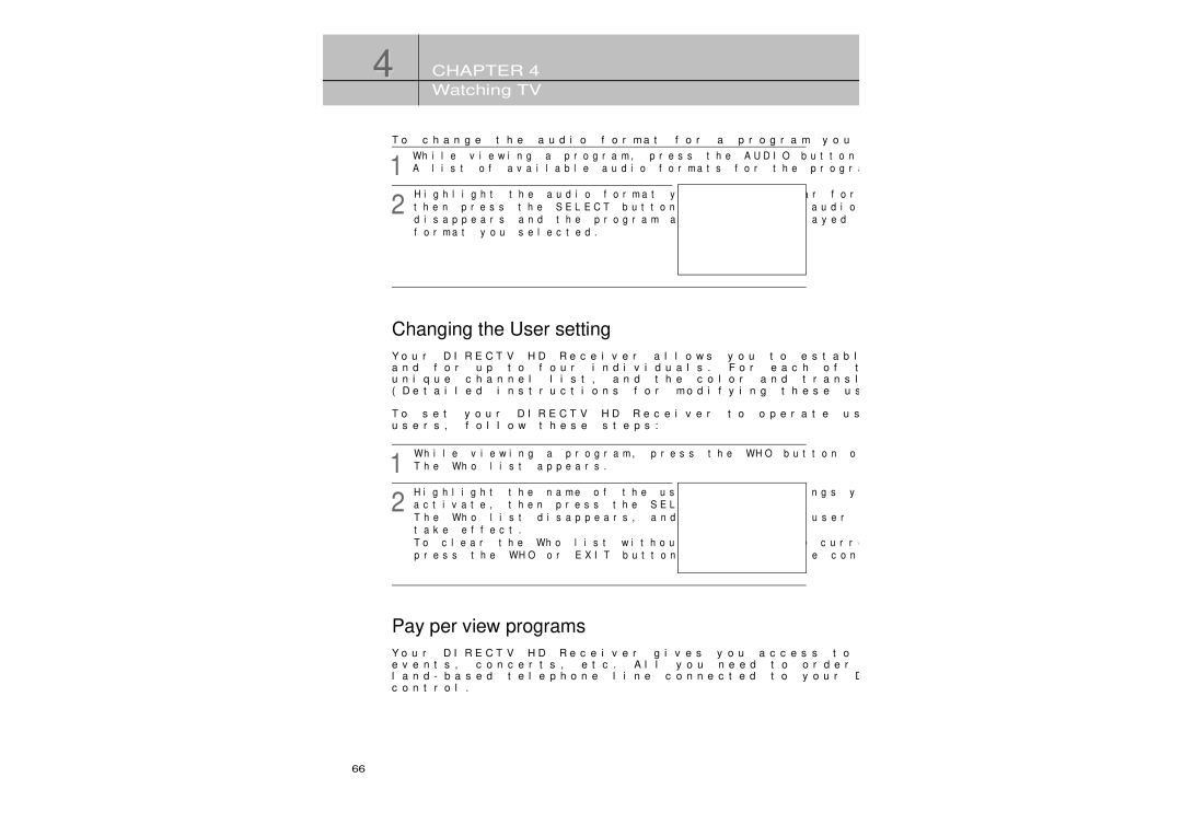 Samsung SIR-TS360 owner manual Changing the User setting, Pay per view programs, Who list appears 