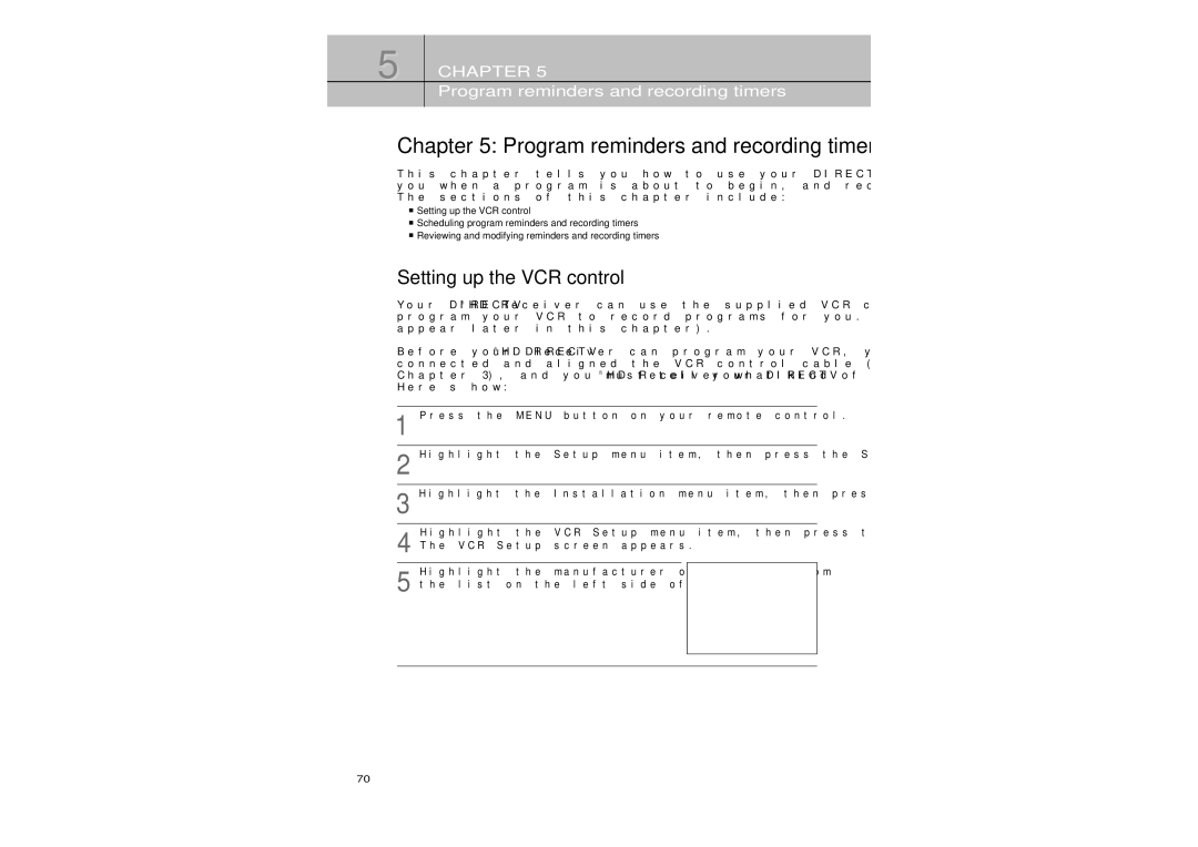 Samsung SIR-TS360 owner manual Program reminders and recording timers, Setting up the VCR control 