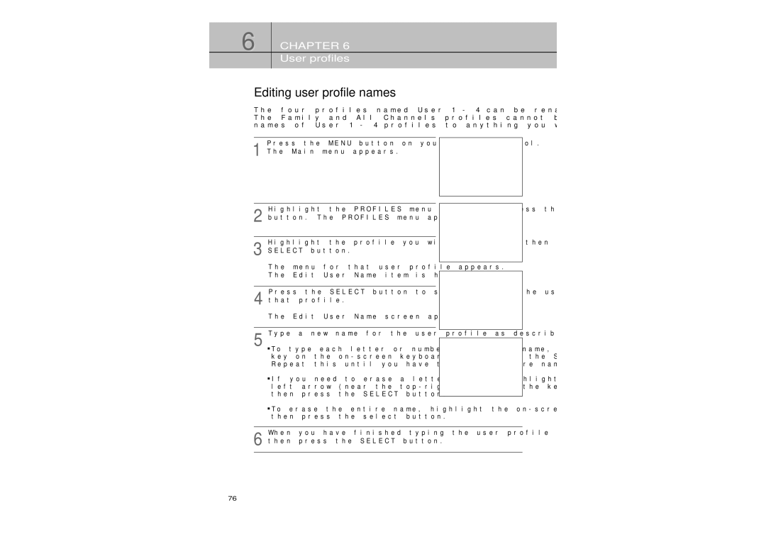 Samsung SIR-TS360 owner manual Editing user profile names 