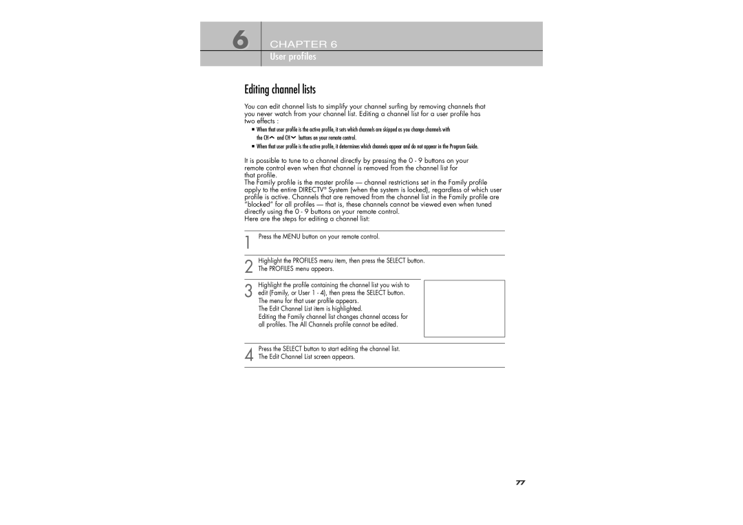 Samsung SIR-TS360 owner manual Editing channel lists, Edit Channel List item is highlighted 