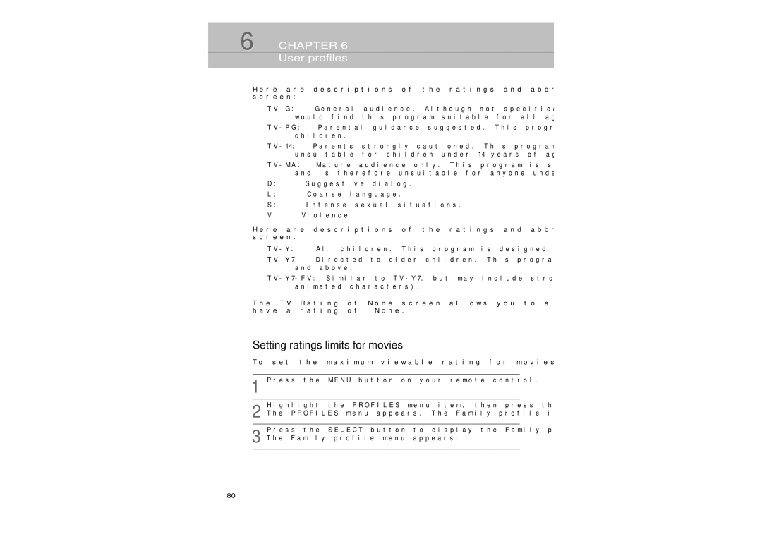 Samsung SIR-TS360 owner manual Setting ratings limits for movies, TV-Y7, Above 