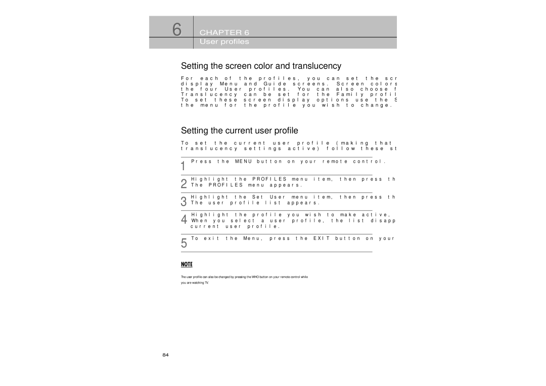 Samsung SIR-TS360 owner manual Setting the screen color and translucency, Setting the current user profile 