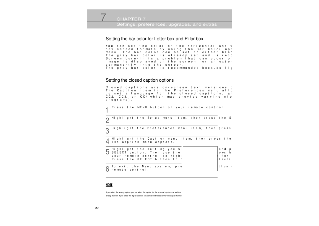 Samsung SIR-TS360 owner manual Setting the bar color for Letter box and Pillar box, Setting the closed caption options 