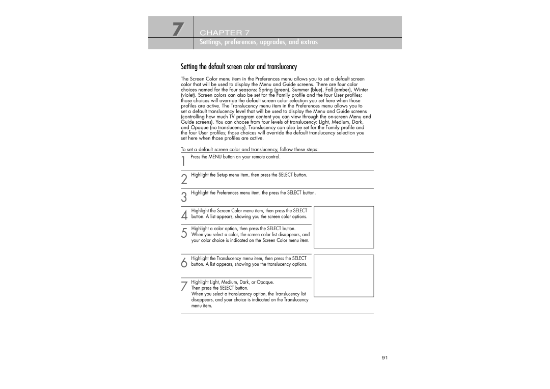 Samsung SIR-TS360 owner manual Setting the default screen color and translucency 