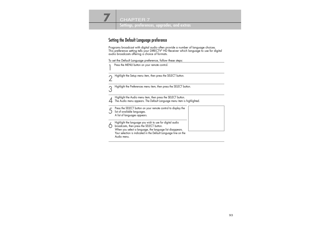 Samsung SIR-TS360 owner manual Setting the Default Language preference 