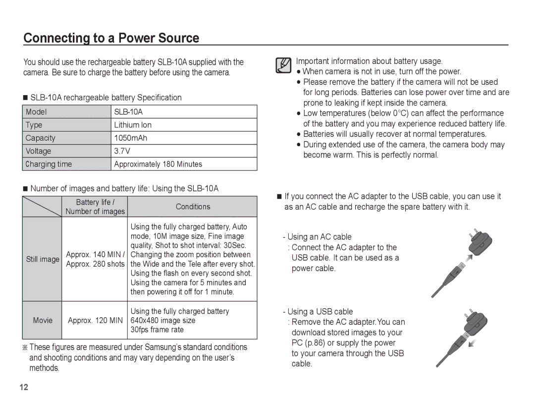 Samsung SL102 manual Connecting to a Power Source, SLB-10A rechargeable battery Speciﬁcation 