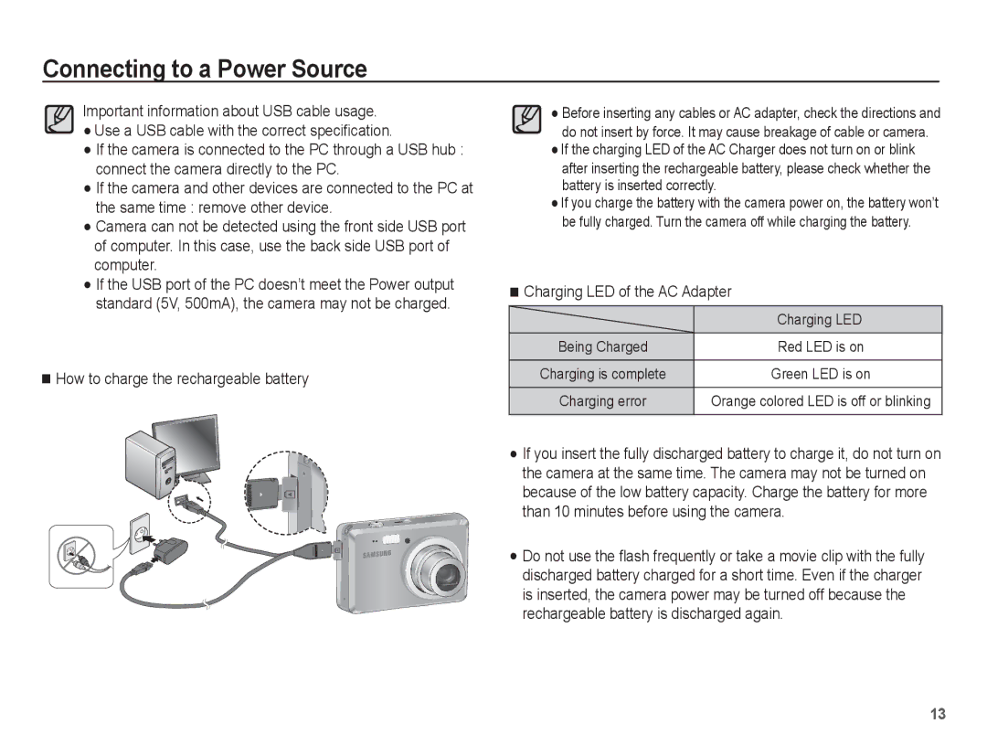 Samsung SL102 manual How to charge the rechargeable battery, Charging LED of the AC Adapter 