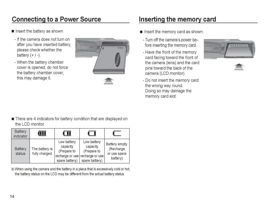 Samsung SL102 manual Inserting the memory card, Insert the memory card as shown, Battery 