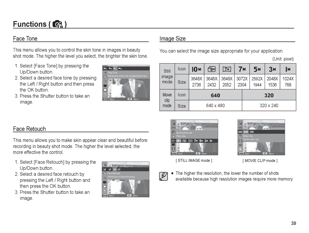 Samsung SL102 manual Face Tone, Image Size, Face Retouch 