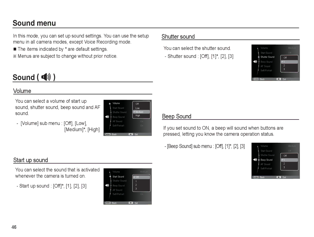 Samsung SL102 manual Sound menu, Sound , Volume Shutter sound, Beep Sound, Start up sound 