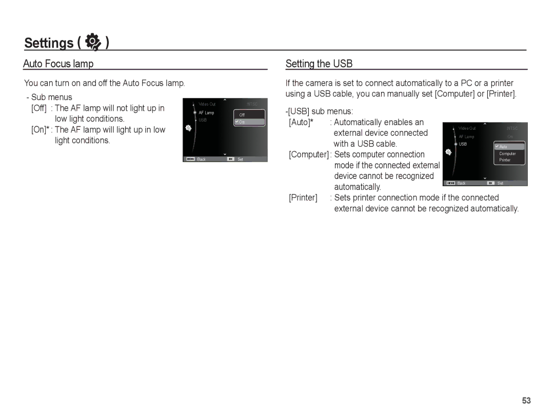 Samsung SL102 manual Auto Focus lamp Setting the USB 