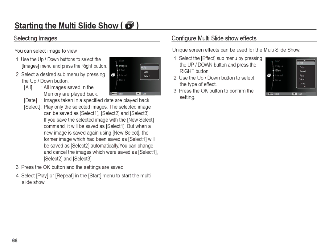 Samsung SL102 manual Selecting Images, Configure Multi Slide show effects 