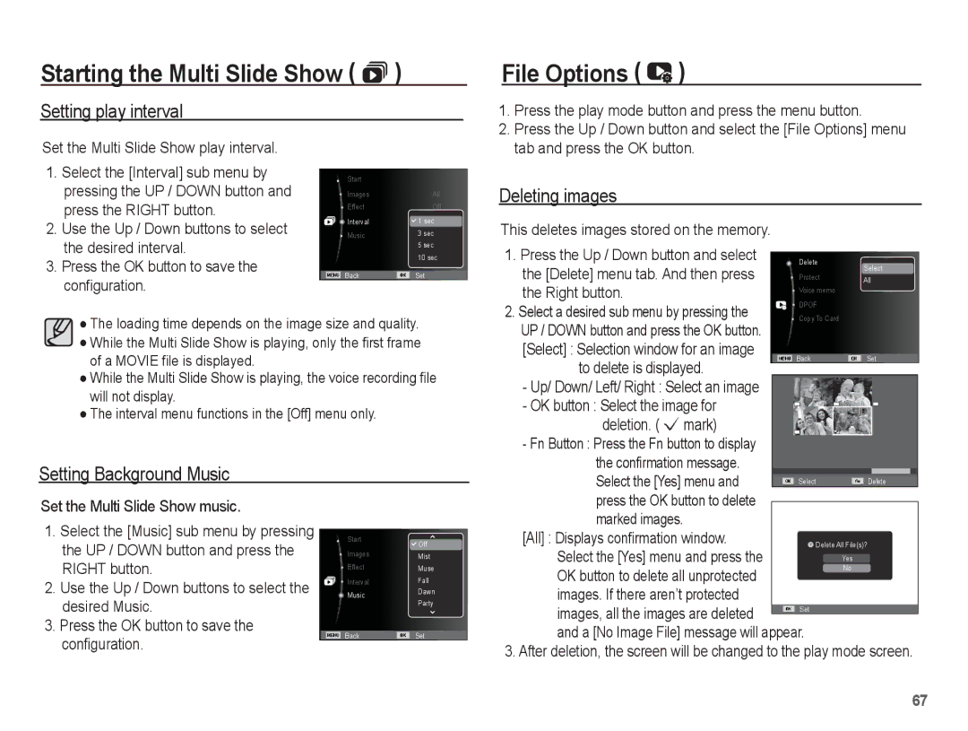 Samsung SL102 manual File Options, Setting play interval, Deleting images, Setting Background Music 