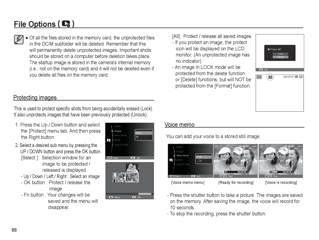 Samsung SL102 manual Protecting images, You can add your voice to a stored still image, Image to be protected, Disappear 