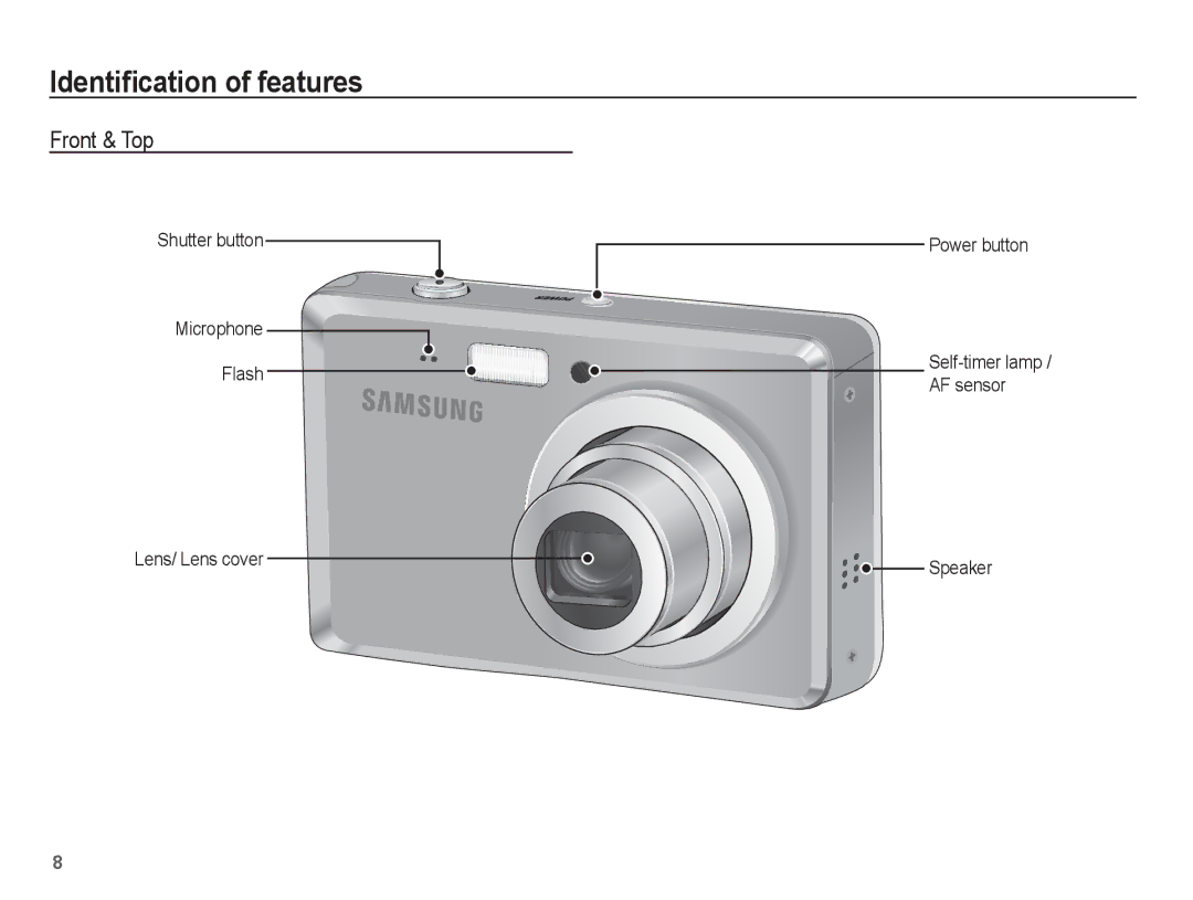 Samsung SL102 manual Identiﬁcation of features, Front & Top 