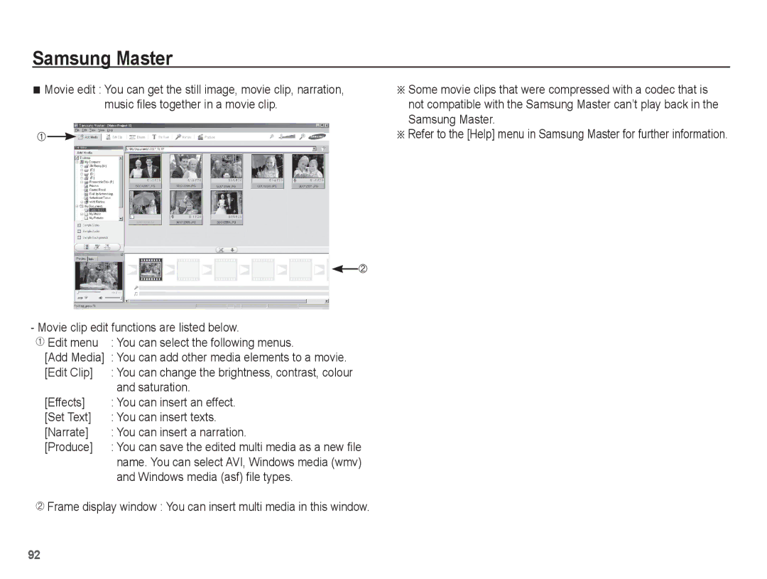 Samsung SL102 manual Edit Clip, Windows media asf file types, Add Media 