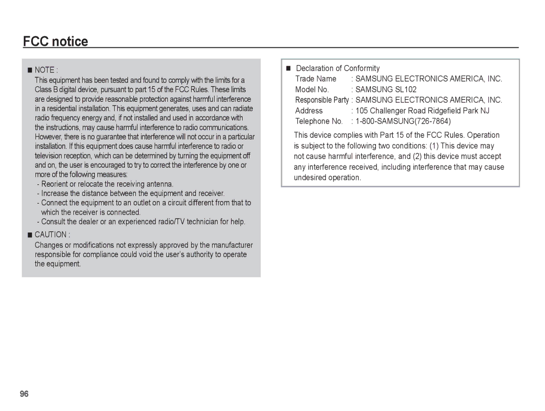 Samsung SL102 manual FCC notice, Model No, Address, Telephone No SAMSUNG726-7864 