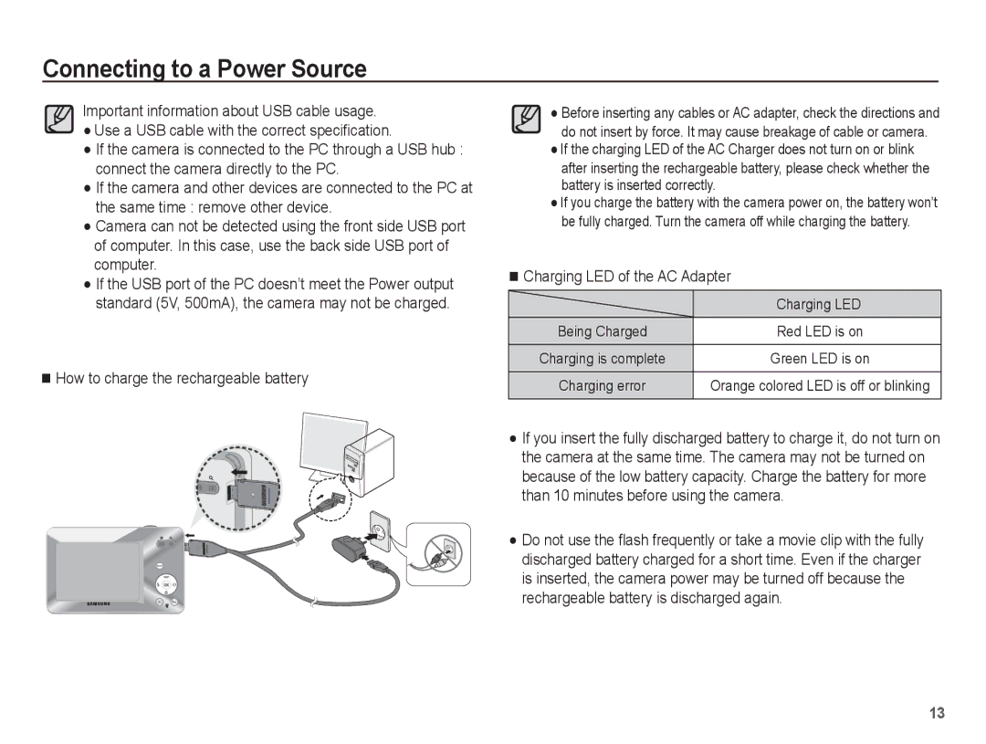 Samsung SL105 manual How to charge the rechargeable battery, Charging LED of the AC Adapter 