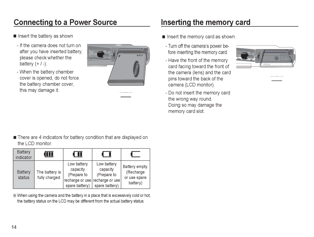 Samsung SL105 manual Inserting the memory card, Insert the memory card as shown, Battery 