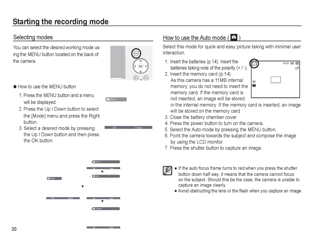 Samsung SL105 manual Starting the recording mode, Selecting modes How to use the Auto mode, Insert the memory card p.14 