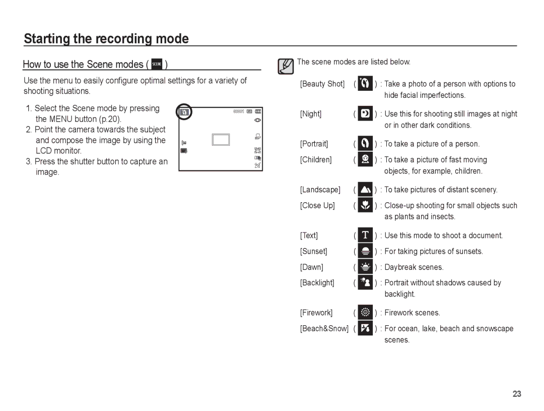 Samsung SL105 manual How to use the Scene modes 