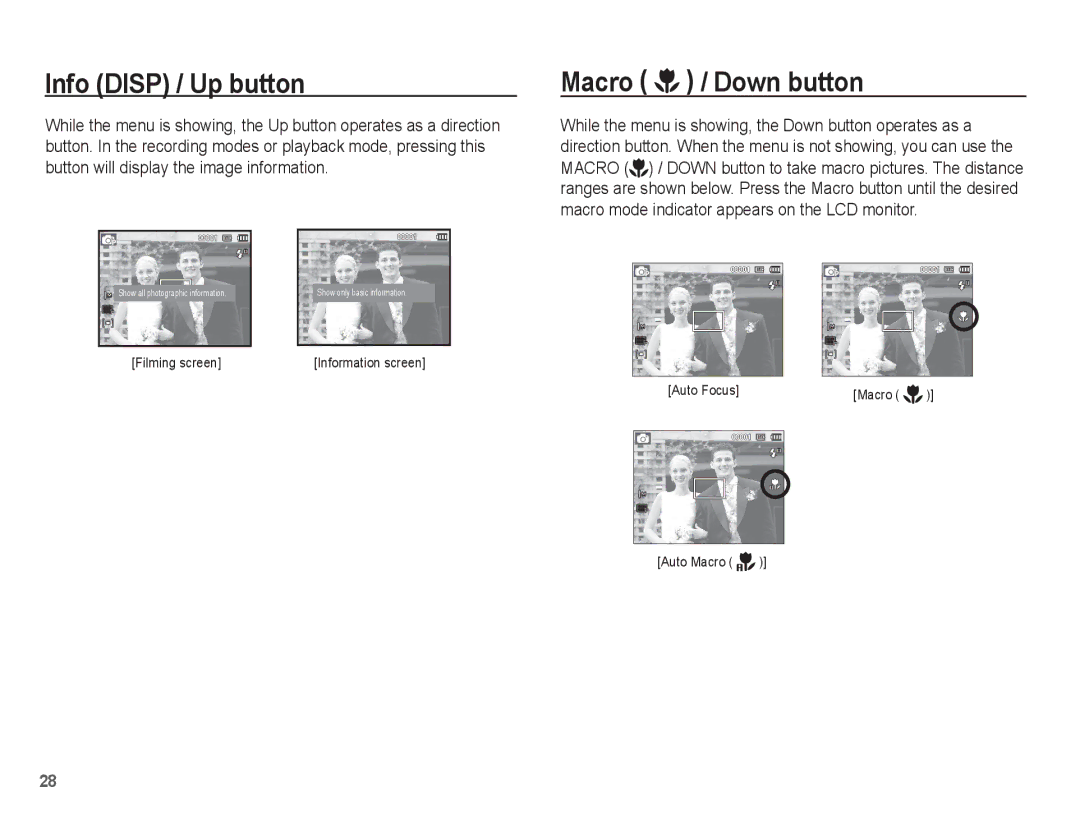 Samsung SL105 manual Info Disp / Up button, Macro / Down button 